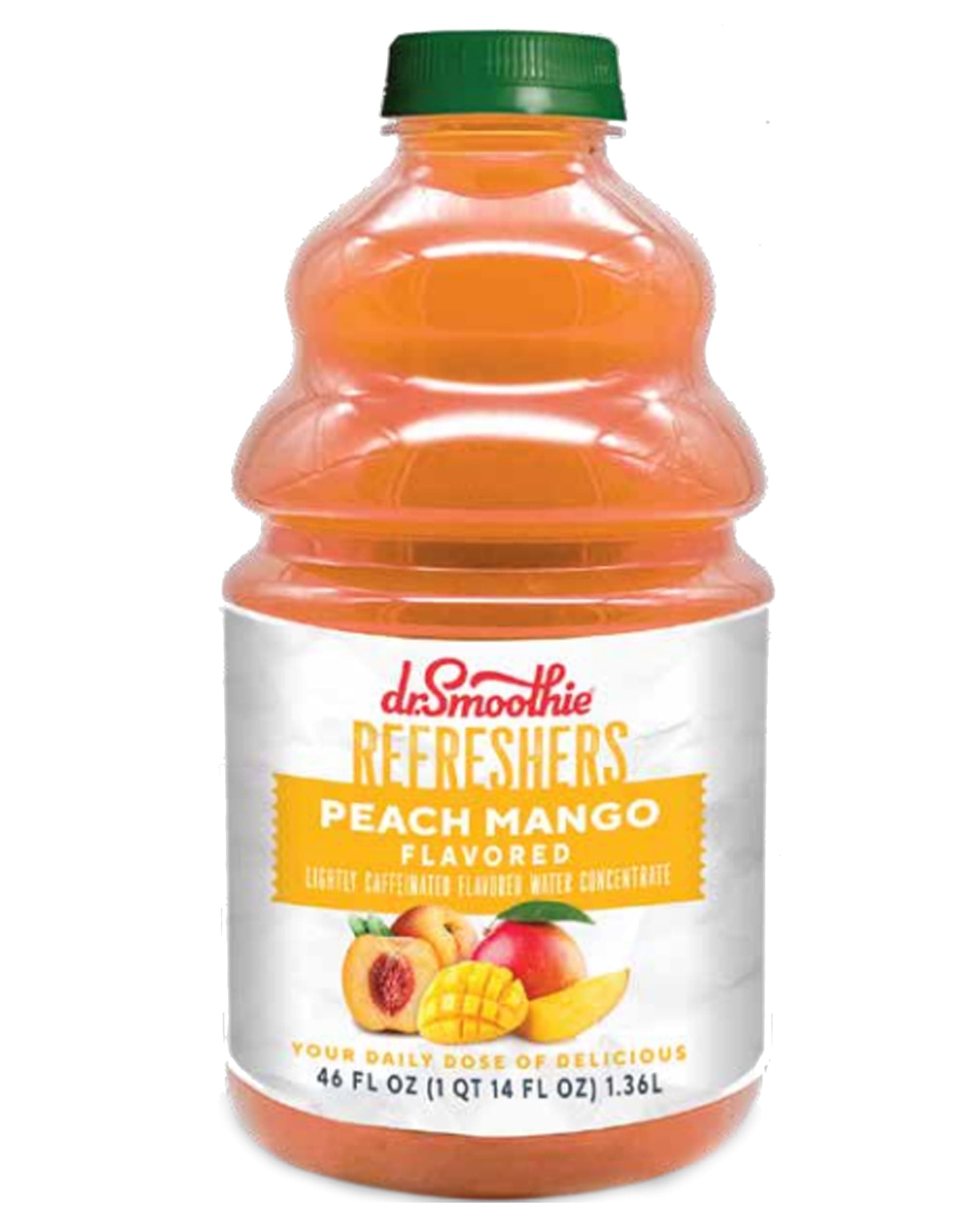 Refreshers Peach Mango – Made with Real Fruit Juice – Drink Concentrate, No Artificial Colors, Shelf-Stable – Lightly Caffeinated with Green Coffee Extract (46 oz Bottle)