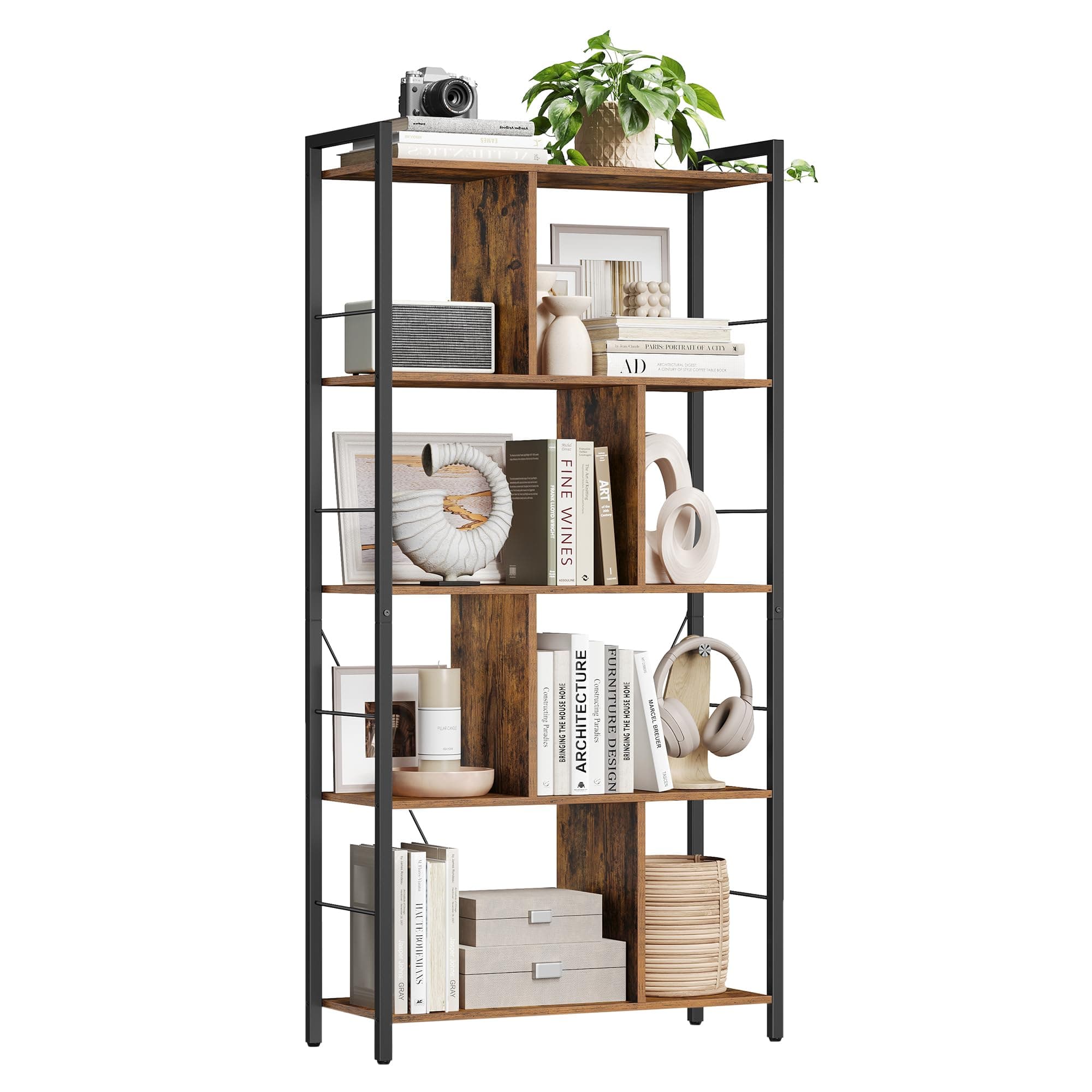 VASAGLE Storage Unit, Bookcase, 5 Tiers, Open Compartments, Office Living Room, Bedroom, Industrial Style, Rustic Brown and Black LBC121B01