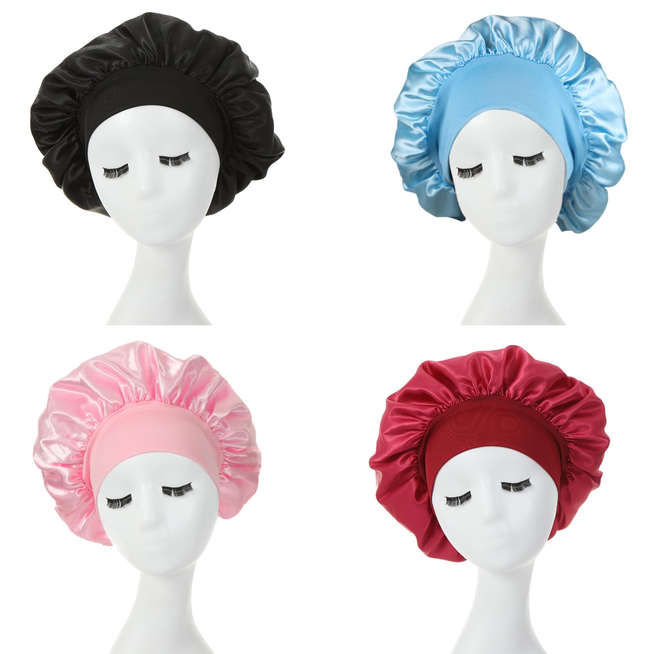 Toced 4 Packs Satin Bonnet, Hair Bonnet for Sleeping, Double Layer Satin Lined, Hair Bonnet with Wide Elastic Tie Band, Silk Bonnet Suitable for Natural Long and Curly Hair(Black+Red+Pink+Blue)