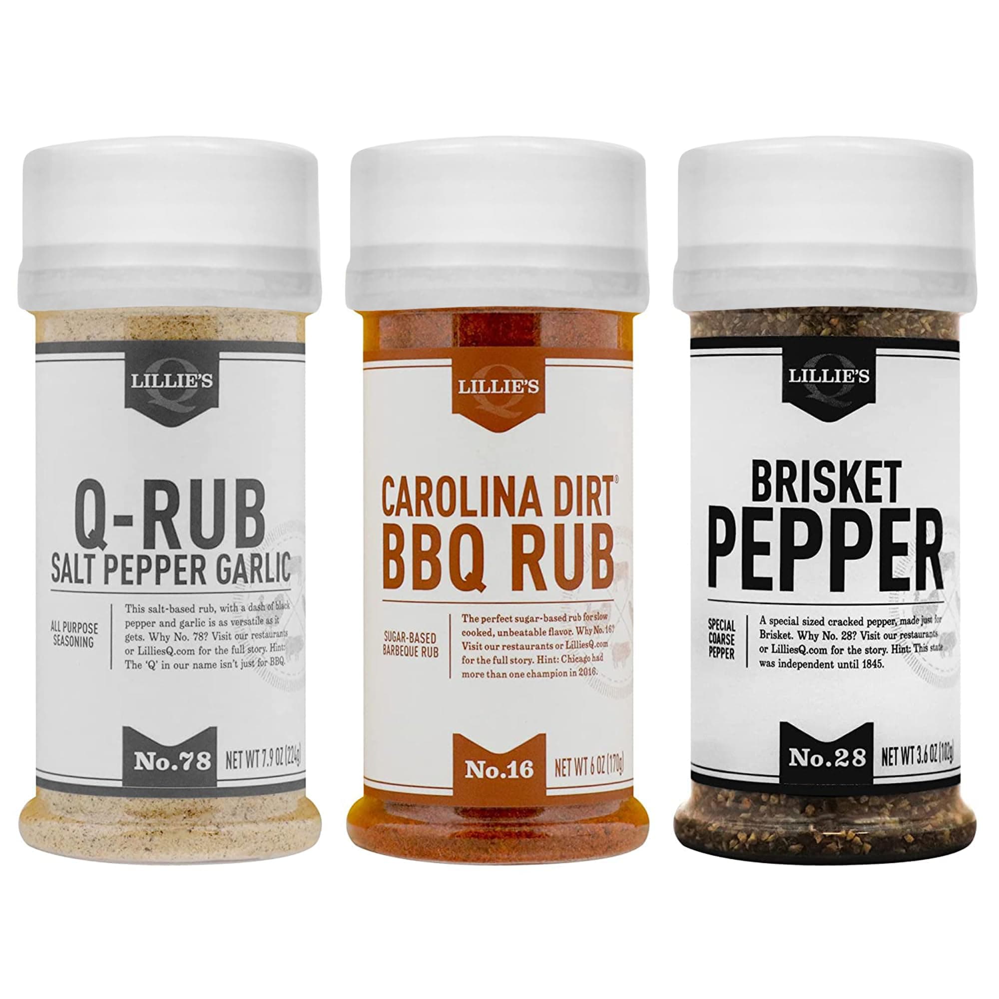Lillie’s Q - Rub Trio, BBQ Rub Sampler, Barbeque Rubs & Spices, Rub Seasoning Set Includes Carolina Dirt (6 oz), Q-Rub (7.9 oz), & Brisket Pepper (3.6 oz) | 3-Pack