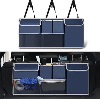 UYYE Trunk Hanging Organizer, Backseat Storage Bag, Collapsible Car Interior Accessories with 4 Pockets & 2 Mesh Pouches for Tools, Provide More Storage Trunk Space for SUV, Jeep, MPVs (Drak Blue)