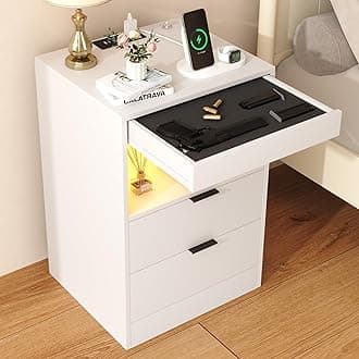 Yusong Night Stand with Gun Drawer & Invisible Lock, Bedside Table, LED Nightstand with Charging Station, Modern Night Stand, Wood Sofa Couch End Side Table with 2 Pull-Out Shelf, White