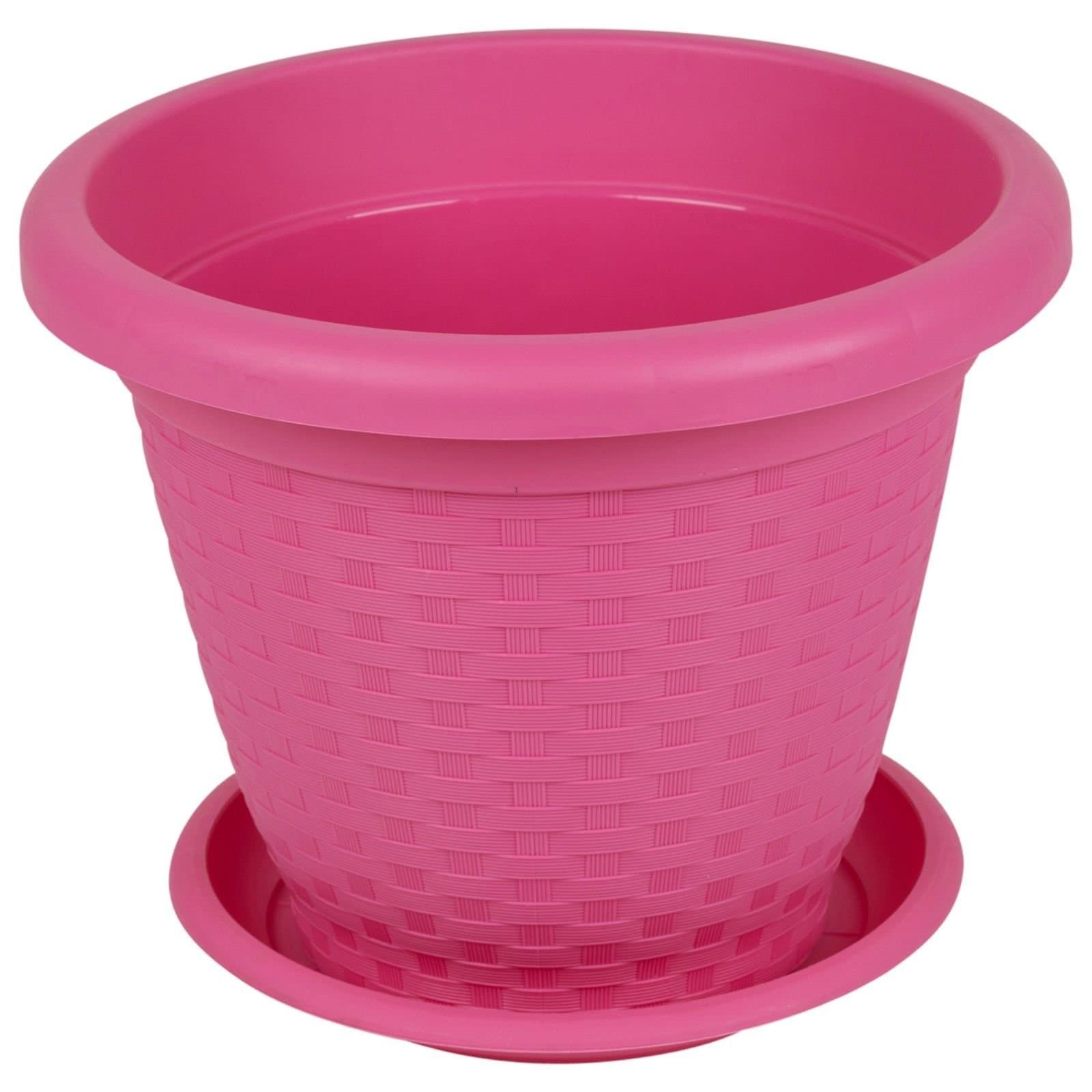 DUPLAST 30Cm Rattan Plant Flower Pot Coloured Stackable Pots & Saucer Herb Planter Garden (Fuchsia - 1 Pot & Saucer)
