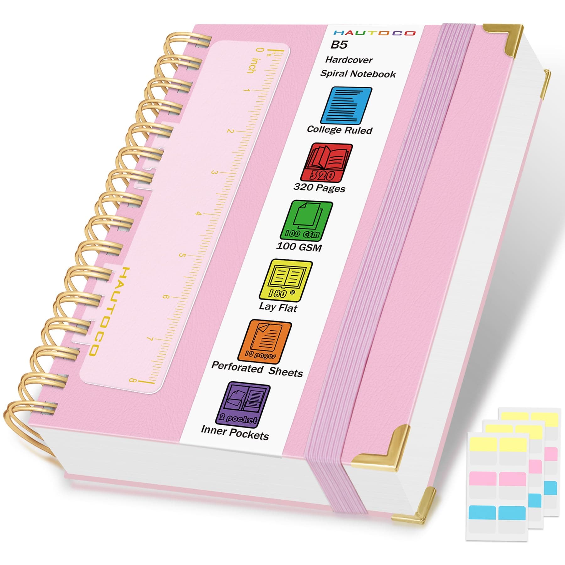 HAUTOCO B5 Spiral Notebook, Wirebound Notebooks with 320 Pages/160 Sheets College Ruled Paper for Writing, 100GSM Thick Paper, Hardcover Notepad Note Book for Work, Office, School, Business, Pink