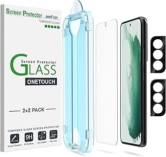 amFilm 2 Pack OneTouch Tempered Glass Screen Protector for Samsung Galaxy S22 5G [6.2 Inch] with 2 Pack Camera Lens Protector [9H Hardness] Easy to Installation and Bubbles Free.