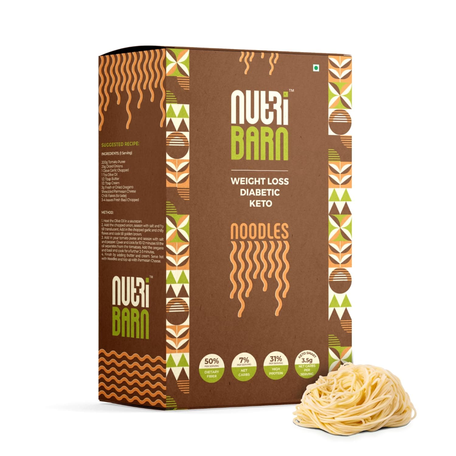 Nutribarn High Protein Low Carb Noodles 200 Gms | 23% Protein | 3.8g Net Carbs | Lab Tested Low GI 22 | Diabetic Friendly, Weight Management Spaghetti | 200g (1 Pack)