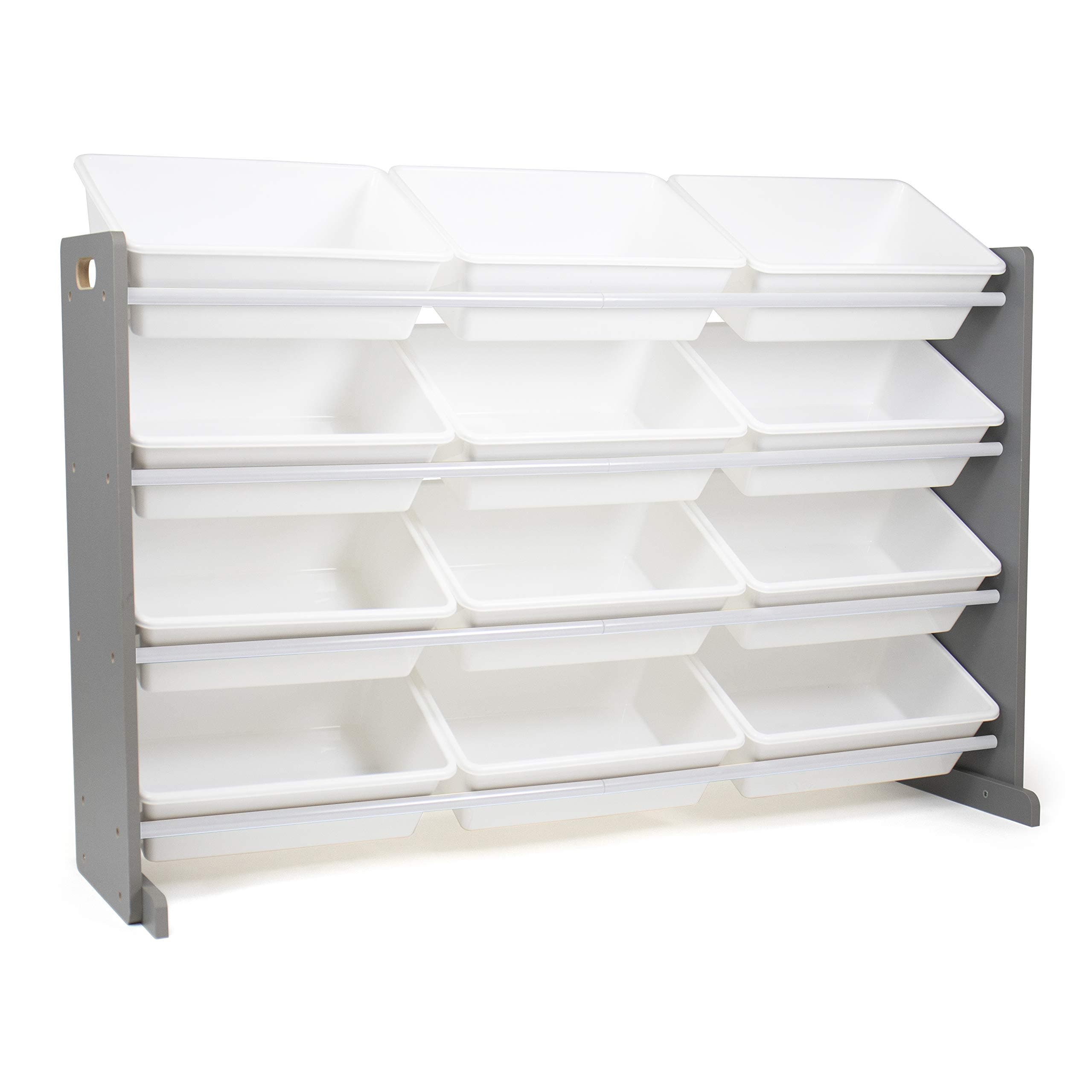 Humble Crew 12-Bin Toy Organizer – Extra-Wide Kids’ Storage Rack with Large Plastic Bins, Grey Wood Frame & White Totes, 4-Tier Organizer with Anti-Tip Kit