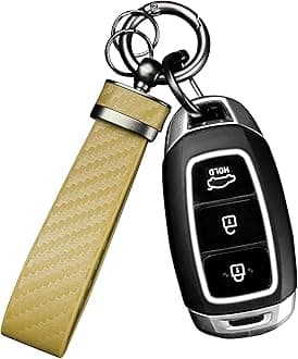 Turcee Carbon Fiber Keychain, Automotive Interior Accessories Leather Key Fob, Anti-Lost D-Ring (Gold)