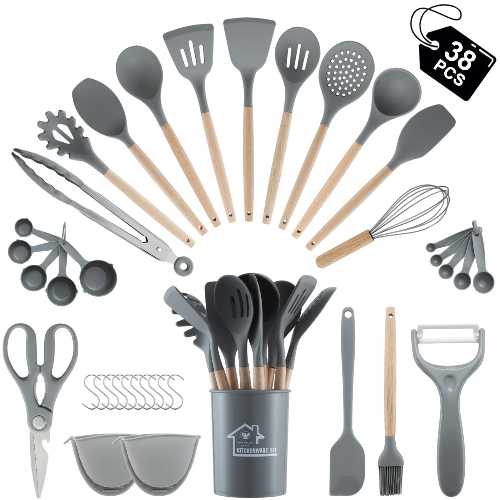 BEWOS 21 Pieces Kitchen Utensils Set, Silicone Cooking Utensils Set with Spatula, Utensil Holder and Measuring Spoons, Nonstick Heat Resistant, Grey Kitchen Gadgets, Wooden Handle