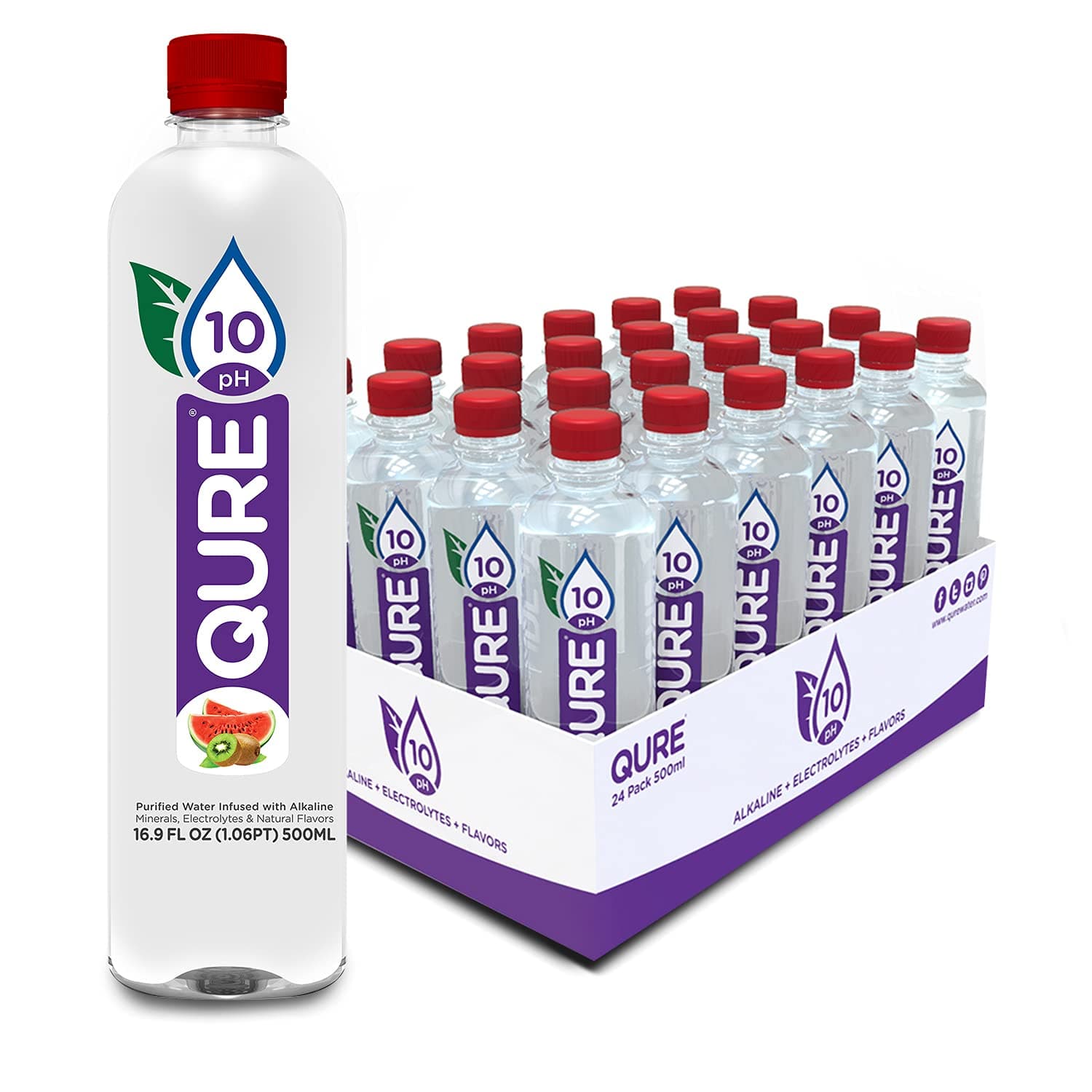 QURE Water Watermelon Kiwi, Silky Smooth 10 pH with Ionized Alkaline Minerals, Electrolytes, Watermelon Kiwi Flavor Essence. Zero Sugar, Zero Calories, Zero Sweeteners, 16.9 fl oz (500mL) Pack of 24