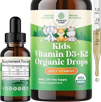 Kids Vitamin D3 K2 Drops - Organic Vitamin D for Kids for Strong Bones & Joints - Infants, Babies and Toddler Immune Support Drops Liquid Supplement - 2Fl Oz (Pack of 1)