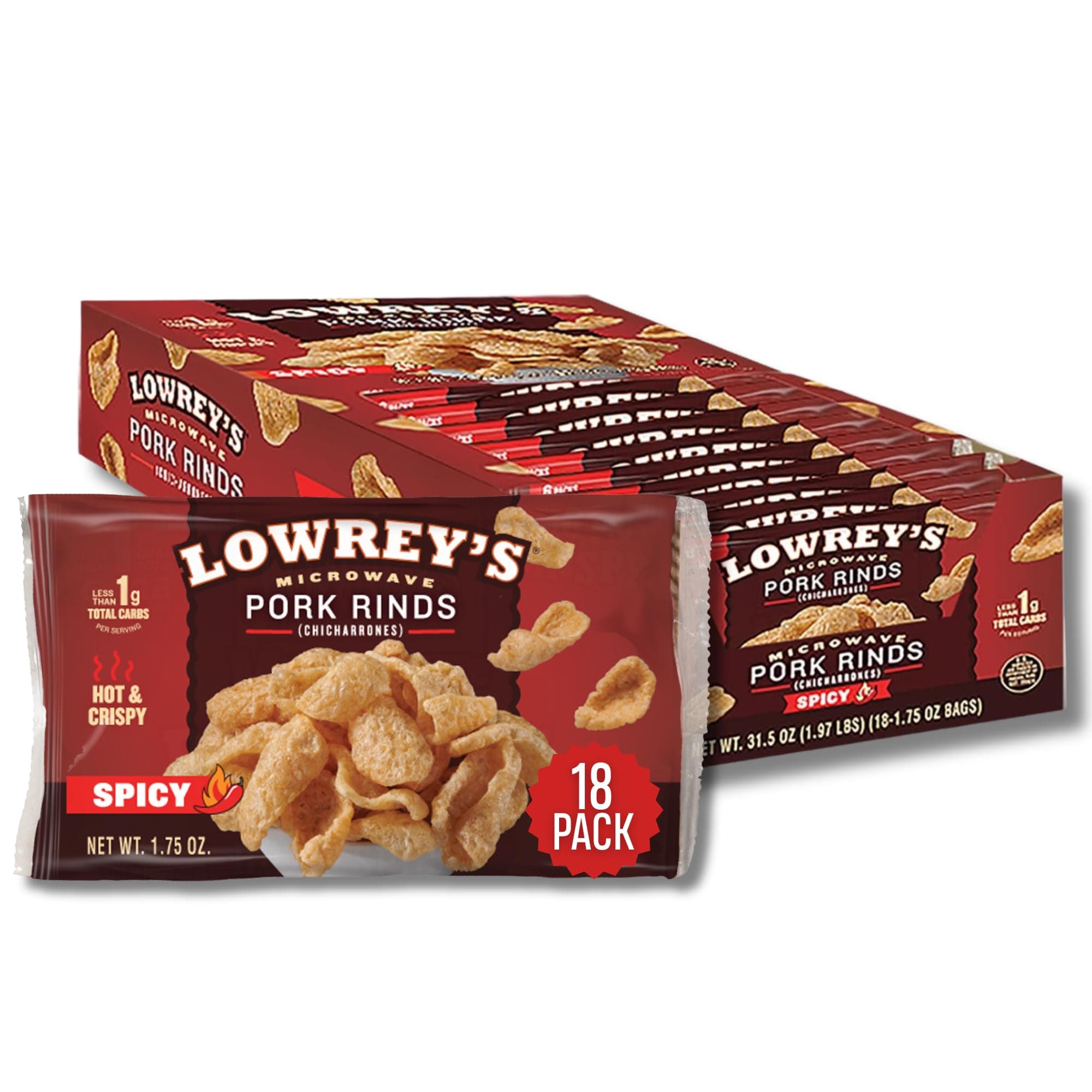 Lowrey's Bacon Curls Microwave Pork Rinds (Chicharrones), Hot & Spicy, 1.75 Ounce (Pack of 18)
