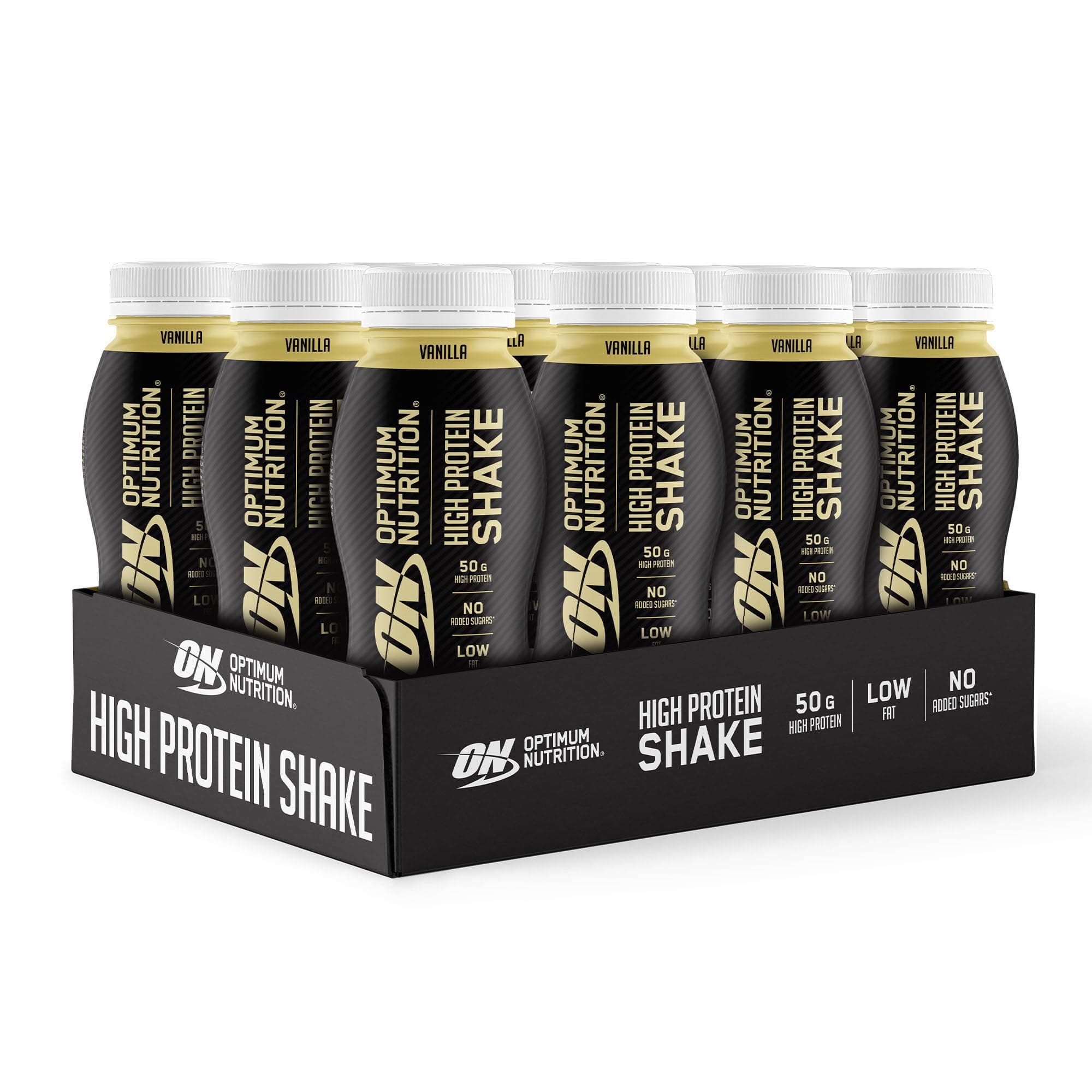 ON High Protein Shake Bottles, Ready To Drink Healthy Snacks, No added sugars, low fat, Post Workout Snack for Men and Women, Vanilla Flavour, 12x500ml, Packaging may vary