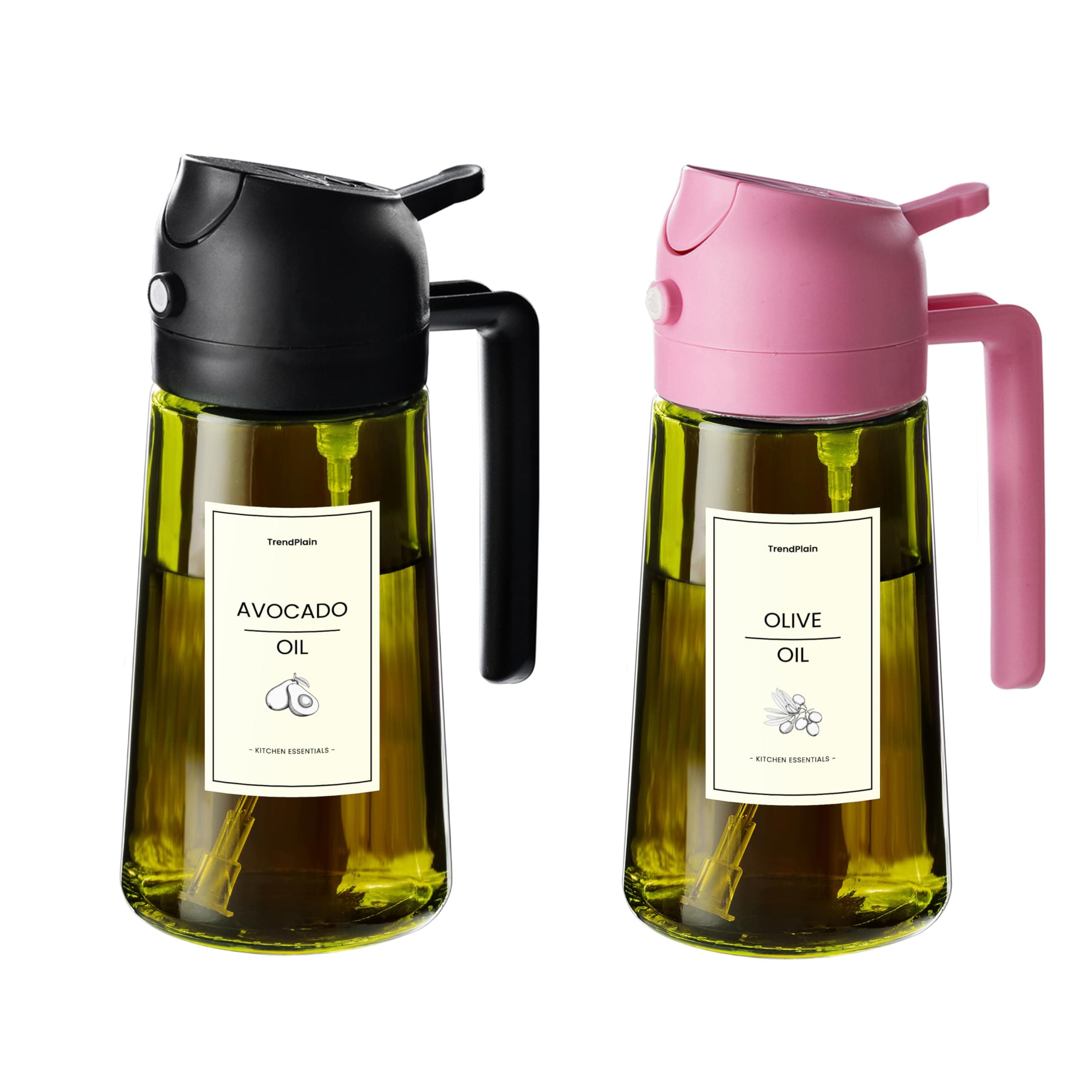 TrendPlain 470ml Olive Oil Spray Bottle - 2 in 1 Olive Oil Dispenser Bottle for Kitchen Accessories - Kitchen Gadgets, For Air Fryer - with Stickers, Light Blocking - Black & BubblegumGlobal Recycled StandardGlobal Recycled StandardGlobal Recycled Standard