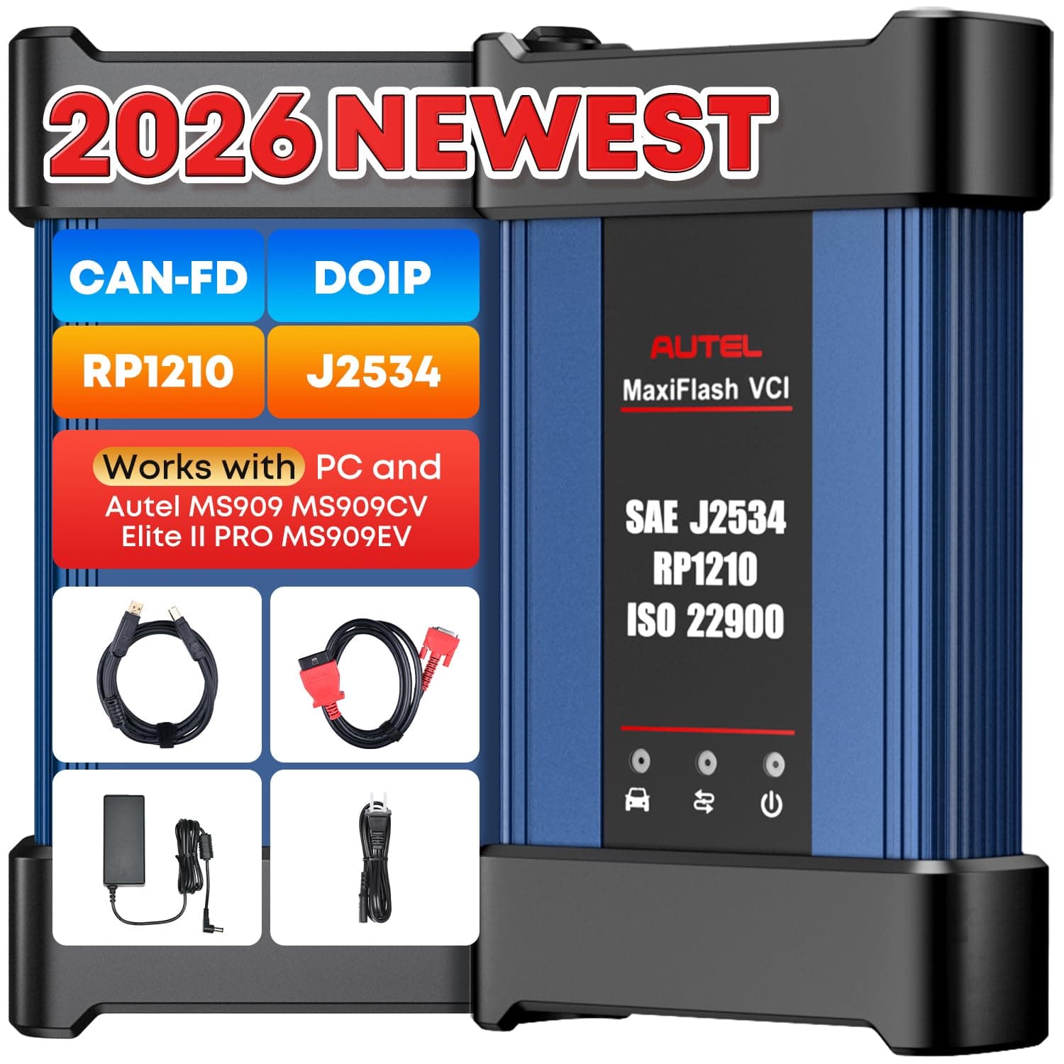 Autel J2534 MaxiFlash VCI, 2025 J2534 Reprogramming Tool, Pass-Thru ECU Programming Tool, DoIP/CAN FD/D-PDU 4 Channels, Work w/MaxiCOM Ultra Lite MaxiSYS Elite II Pro MS909 MS909EV MS909CV