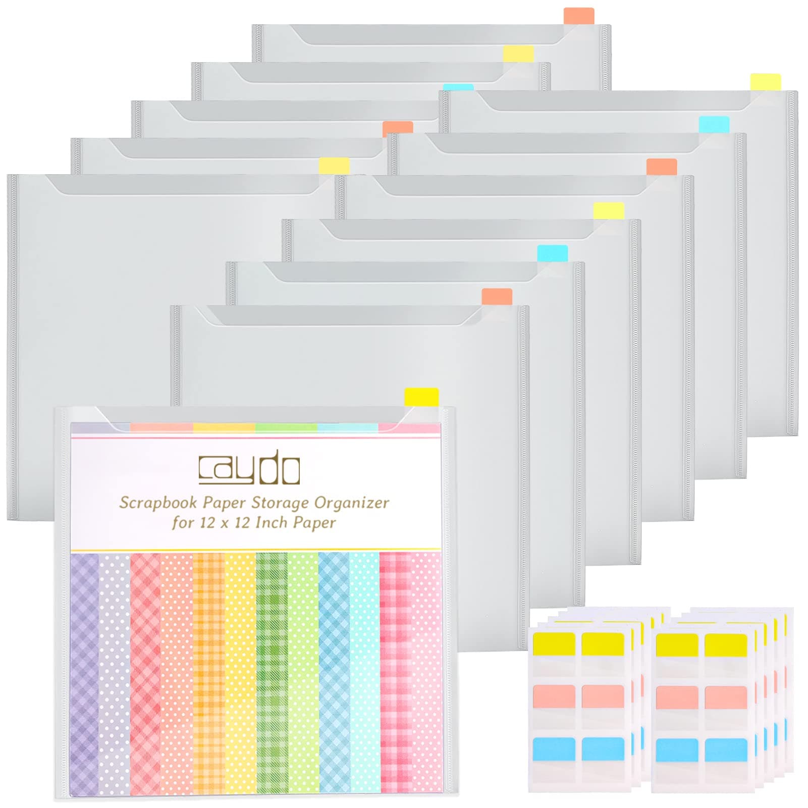 Caydo 12 Pieces Scrapbook Paper Storage with Sticky Index Tabs for Holding 12 x 12 Inch Scrapbooking, Cardstock, Vinyl Paper, Photos and File