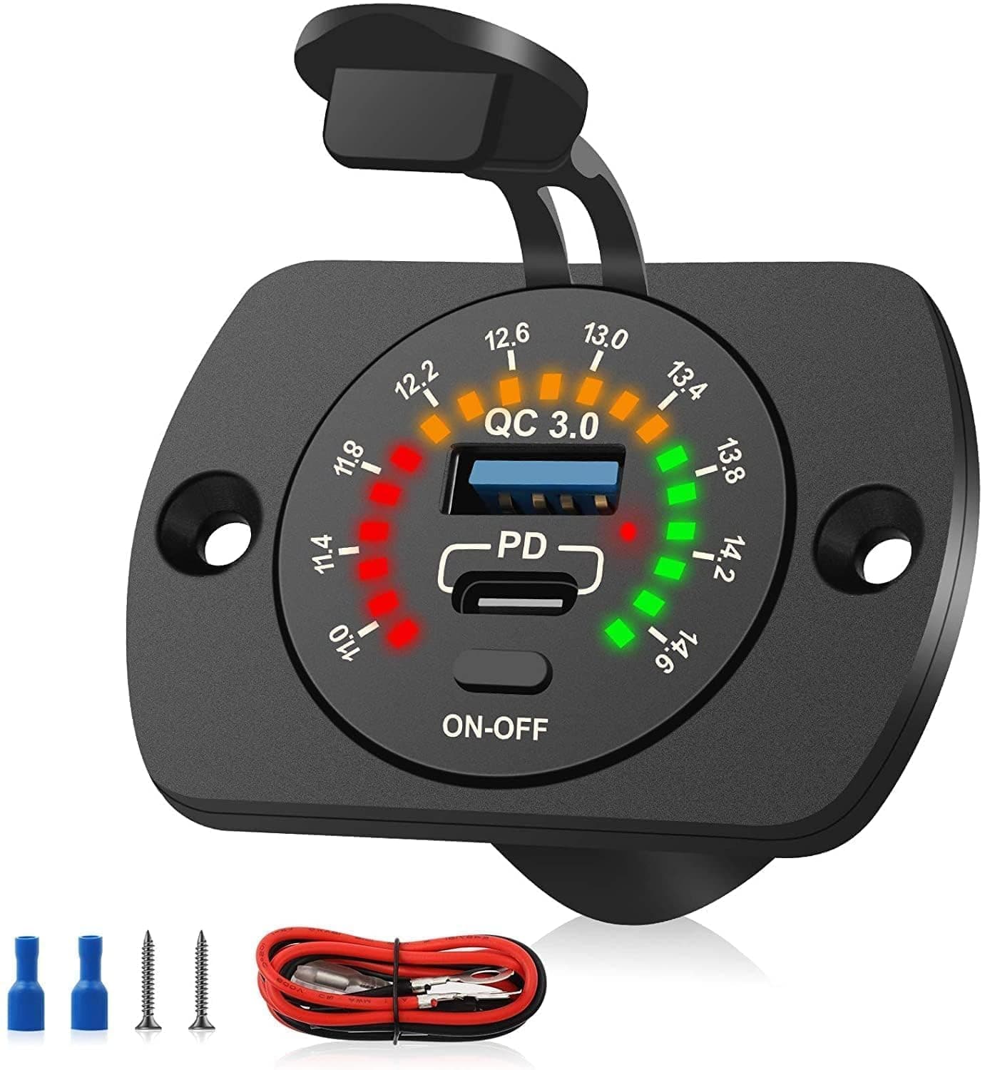 Linkstyle 12V USB Outlet, 30W PD USB C & 18W QC3.0 Ports Car Charger Socket with Color Voltmeter, Switch for RV Boat Truck