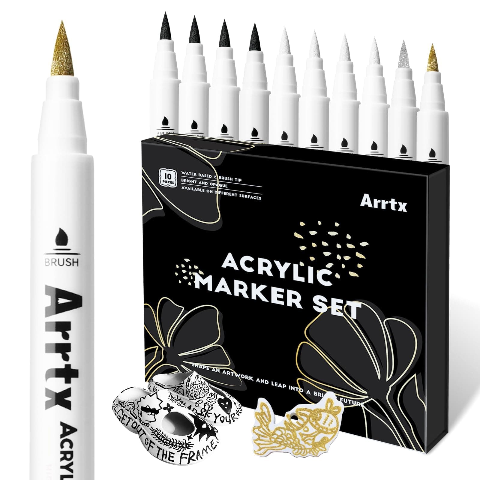 Arrtx Acrylic Paint Pens, 10 Pack Extra Brush Tip White Paint Markers Metallic for Rock Fabric Wood Glass Canvas Ceramic, 4 White 4 Black 1 Gold & 1 Silver, Water Based Ink, DIY Crafts