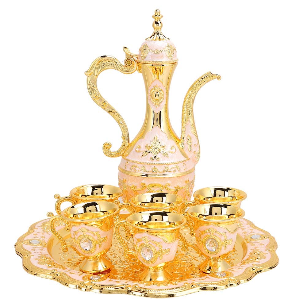 Vintage Turkish Coffee Pot Set, Turkish Tea Set, 6 Coffee Cups, Golden Wine Decanter and Glasses Set, Turkish Copper Coffee Cup Set for Home Tea Party (Pink) Tea