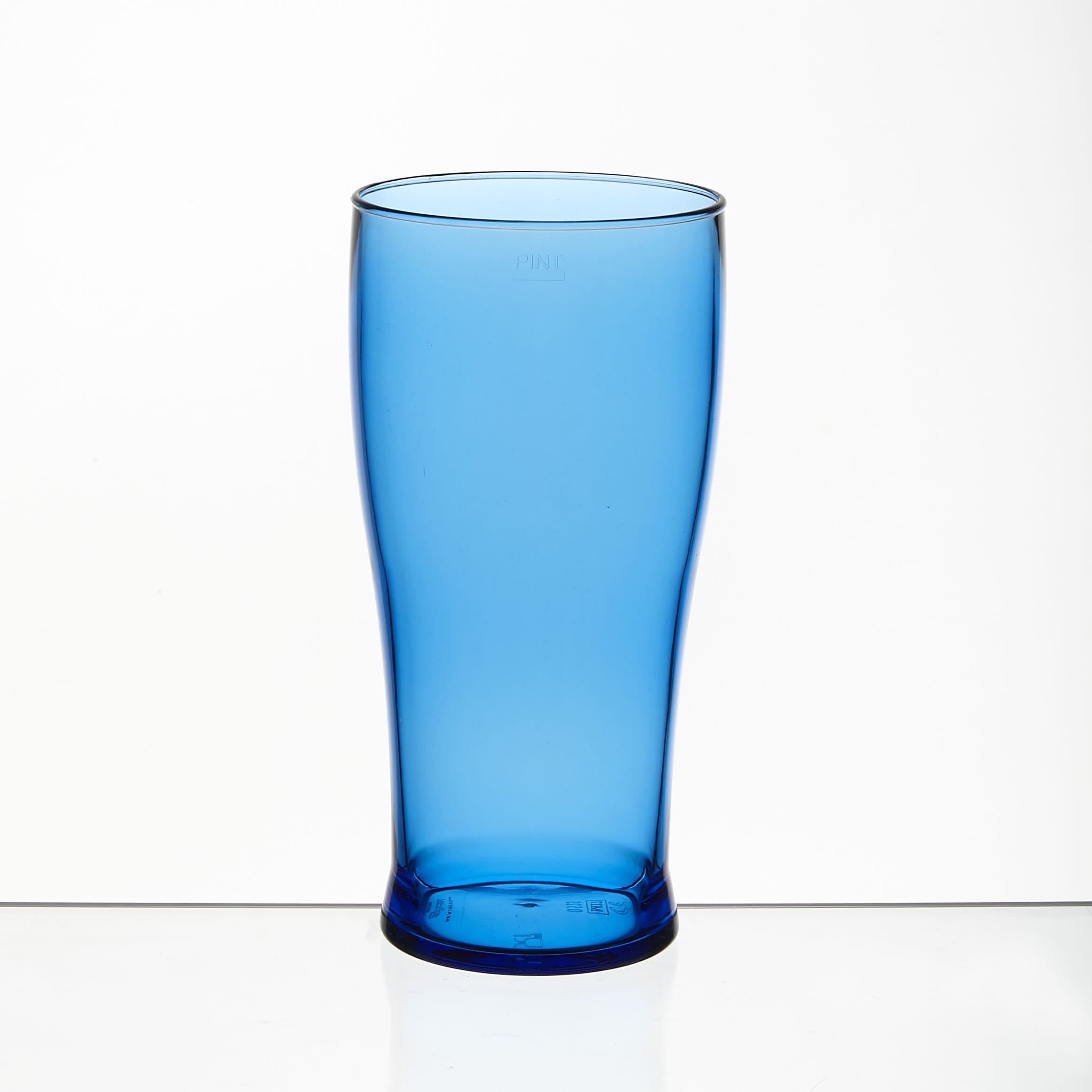 4 Transparent Blue CE Marked TRITAN Plastic Pint Glasses, Dishwasher Safe 1500+ Cycles (3 Times Equivalent Polycarbonate Glass), BPA and BPS Free - Choice of Colour and Style