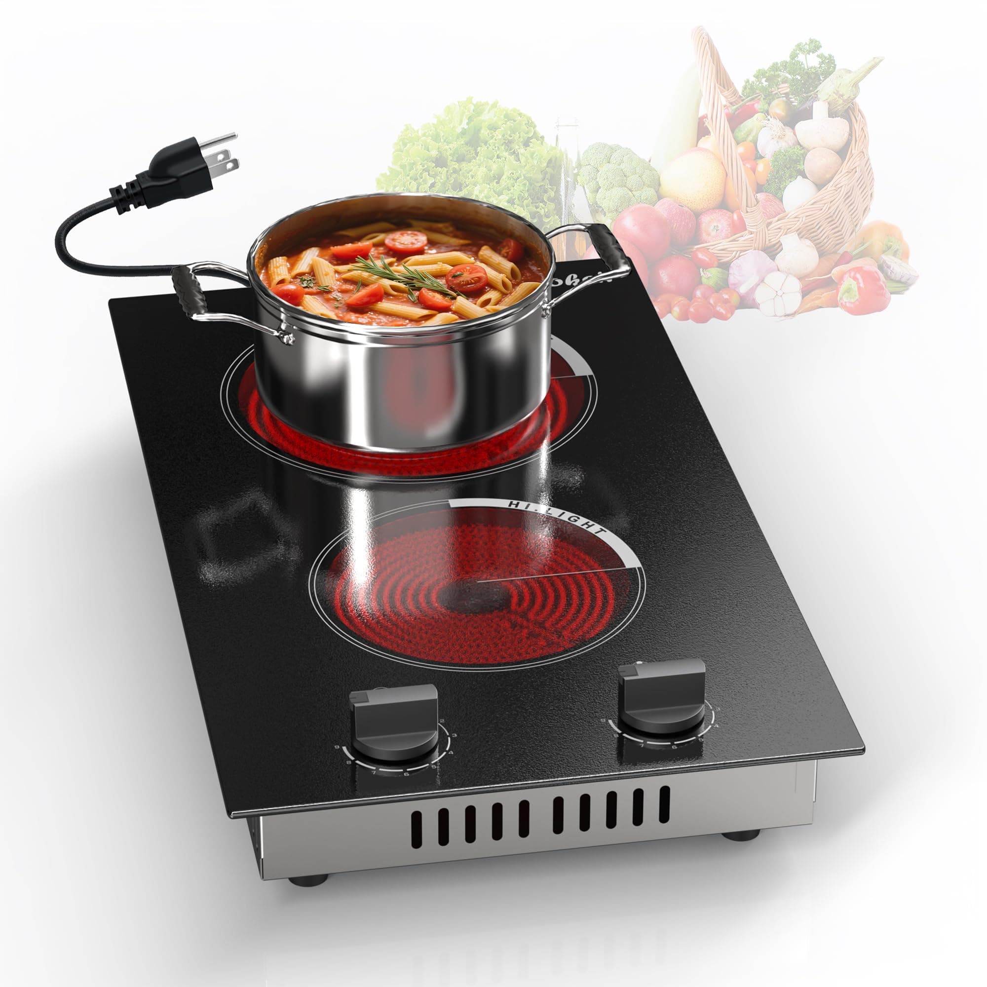 2 Burner Electric Cooktop - 110v Countertop and Built-in Electric Stove 2000W, 12 Inch Ceramic Stove with Residual Heat Indicator, Over-Temperature Protection, Knob Control, 110-120V Plug in