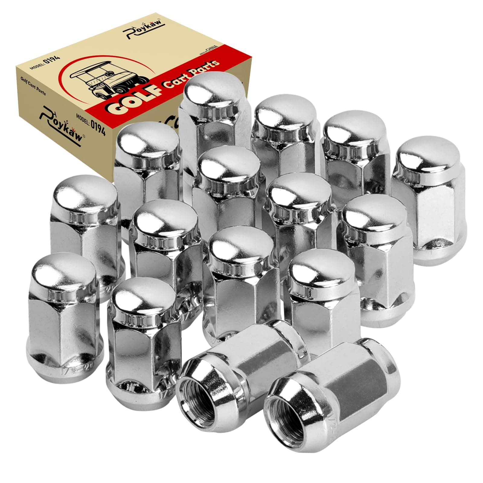 Roykaw Golf Cart Wheel Lug Nuts Replacement Compatible with EZGO, Club Car Vehicles, 1/2’’-20 Size & 60-Degree Conical Lug Nut, Golf Cart Wheel Center Caps, 16 PCS, OEM# 1010984, 14723-G1