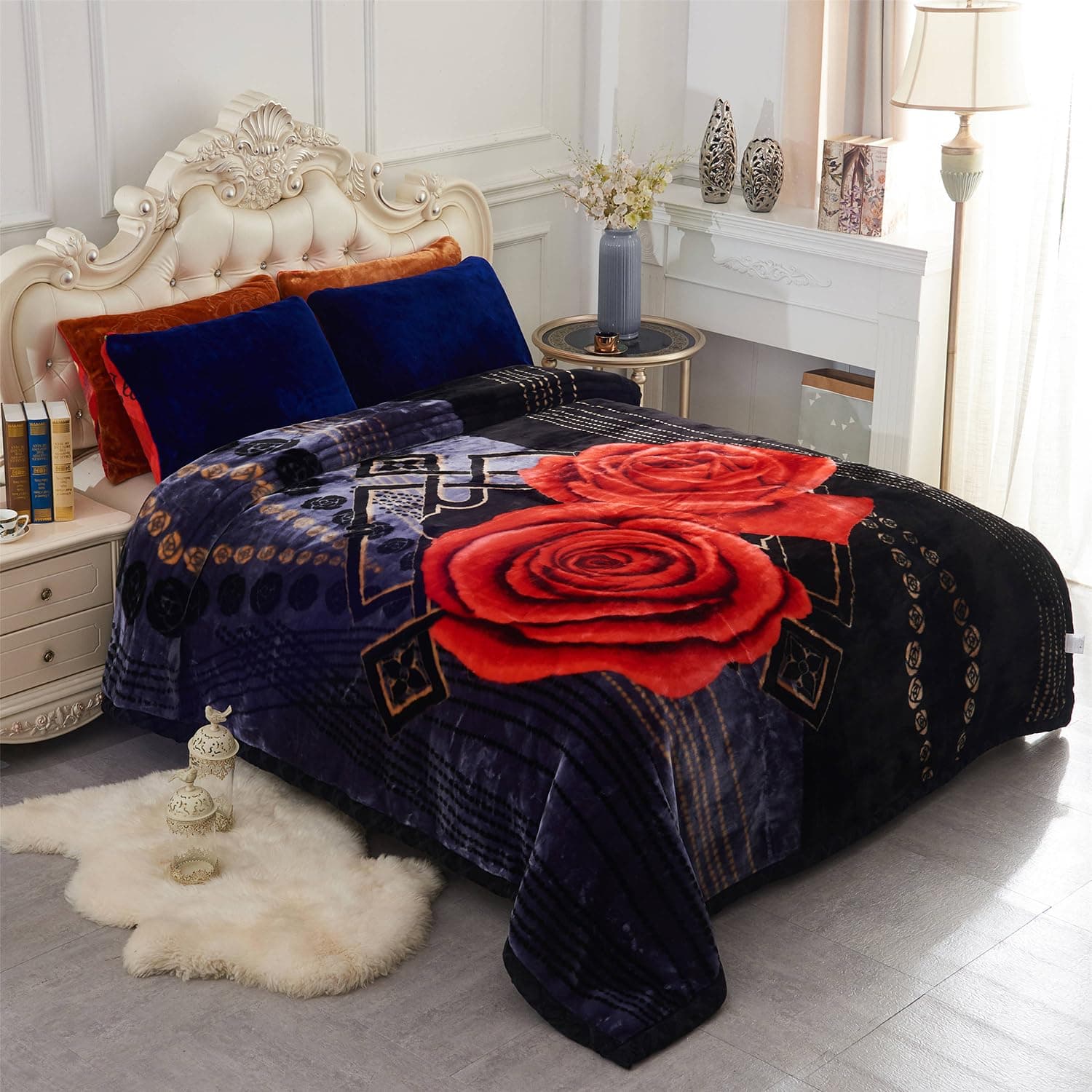 JML Fleece Blanket, Plush Blanket King Size 85" x 93", 10 Pounds Korean Style Mink Blanket - Silky Soft and Warm, 2 Ply A&B Printed Raschel Bed Blanket, Black Rose