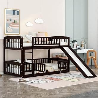 Bellemave Twin Over Twin Low Bunk Bed with Slide and Fence Railings Wood Floor Bunk Beds with Ladder for Kids Boys Girls Teens, Espresso