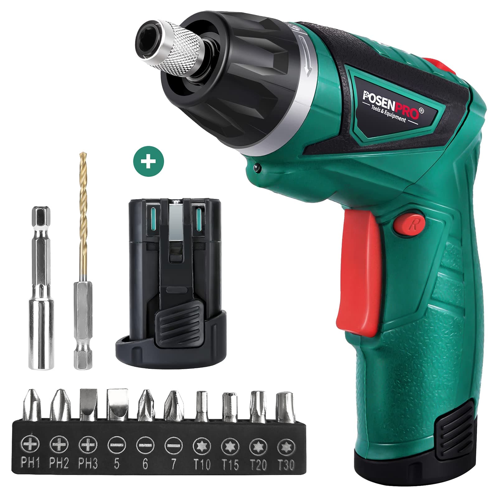 POSENPRO Electric Screwdriver Hand Drill 2X Pack 1500mAh 7.2V Li-Ion Battery MAX Torque 9N.m Rechargeable Cordless Screwdriver with 6+1 Torque,10pcs Drill Bits LED Light,Green