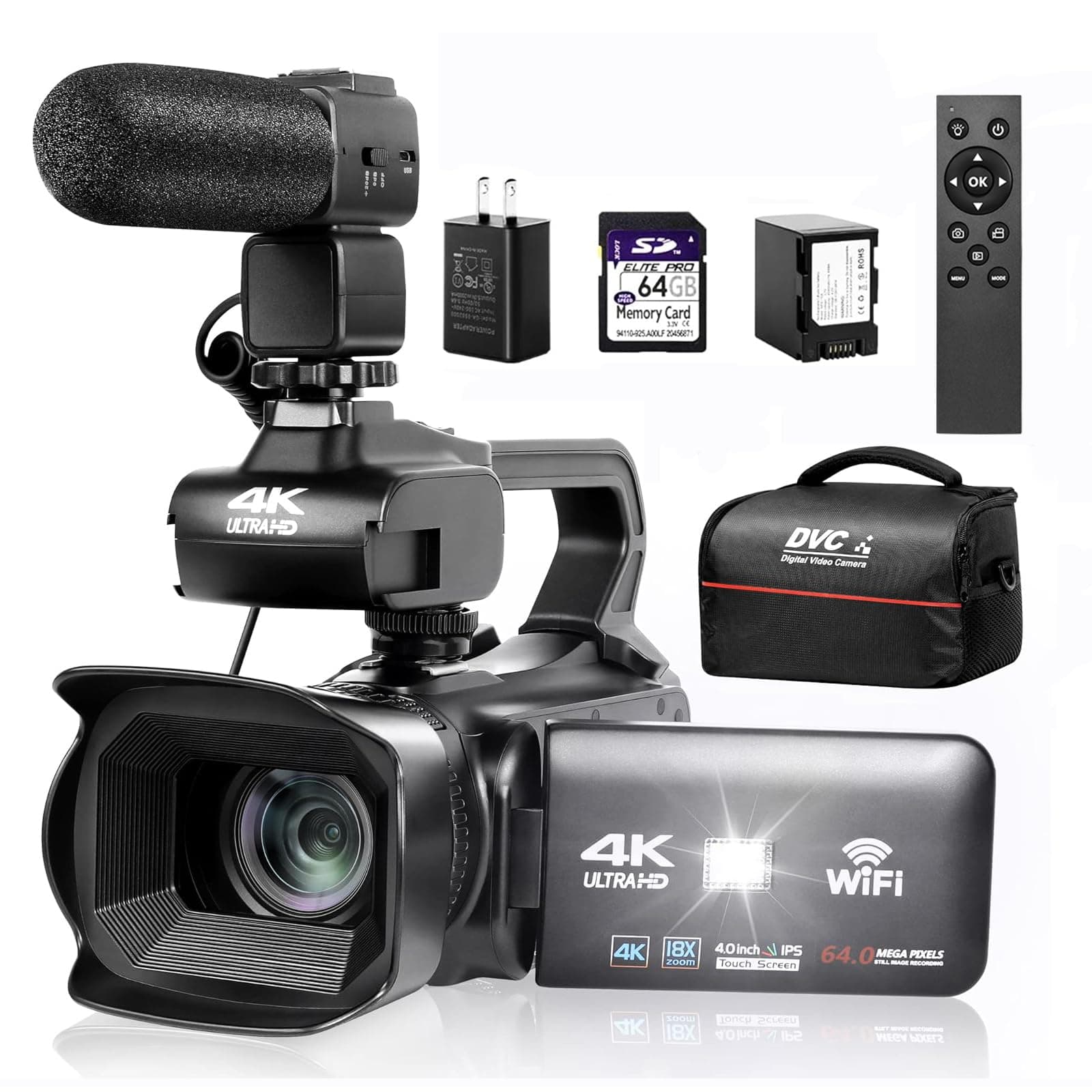 Upgrade 4K UHD Video Camera Camcorder with Mic, 18X Digital Zoom Auto-Focus Vlogging Camera for YouTube Antishake Video Recorder with 4" Rotating Touch Screen, 64GB SD Card and Battery