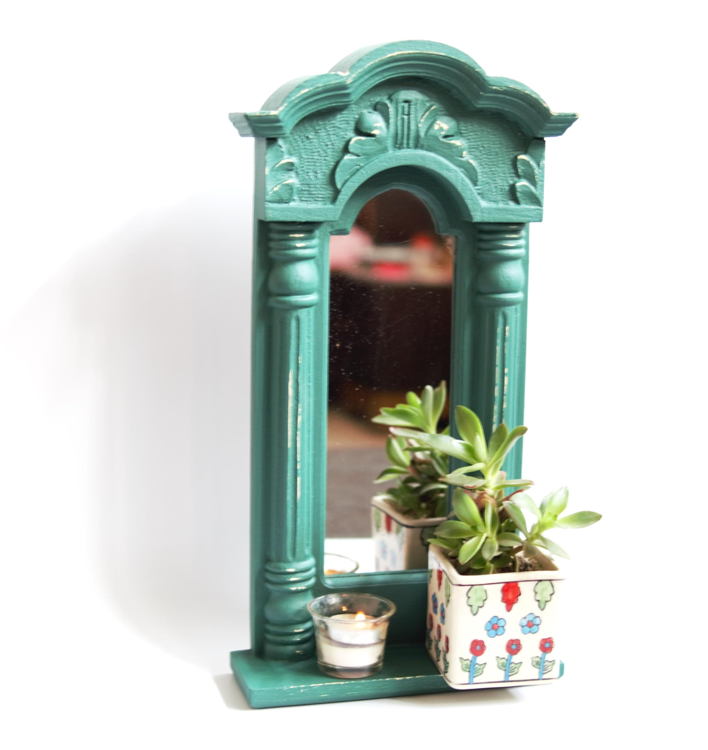 Greenrey Wooden Rectangular Wall Hanging Jharokha Wall Mount Framed Mirror for Living Room, Bedroom, Home Decor (44x24x8.5 cms)