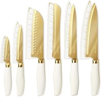 CAROTE 12PCS Kitchen Knife Set, Healthy Gold Titanium Coating Knife Set, Dishwasher Safe with 6 Blade Guards, Rustproof Stainless Steel Cutlery Set, White and Gold