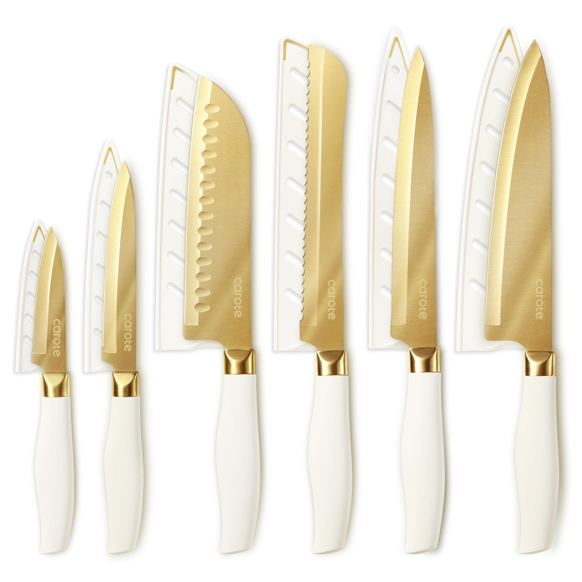CAROTE 12PCS Kitchen Knife Set, Healthy Gold Titanium Coating Knife Set, Dishwasher Safe with 6 Blade Guards, Rustproof Stainless Steel Cutlery Set, White and Gold