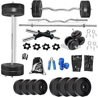 Bodyfit Home Gym Set 8 Kg to 100 Kg with Straight and Curl Rod + Dumbbell Rods Complete Exercise Equipments 1Kg Pair Dumbbell. (46 Kg Weight Plates)