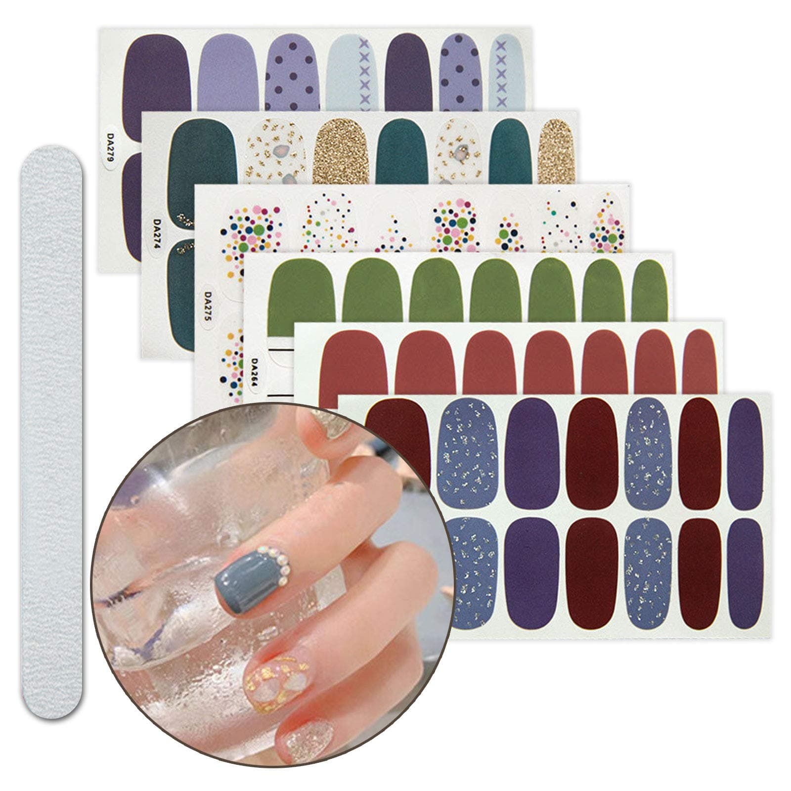 6 Sheets Full Nail Wraps Art Polish Stickers Decal Strips Adhesive False Nail Design Manicure Set With 1Pc Nail Buffers Files For Women Girls