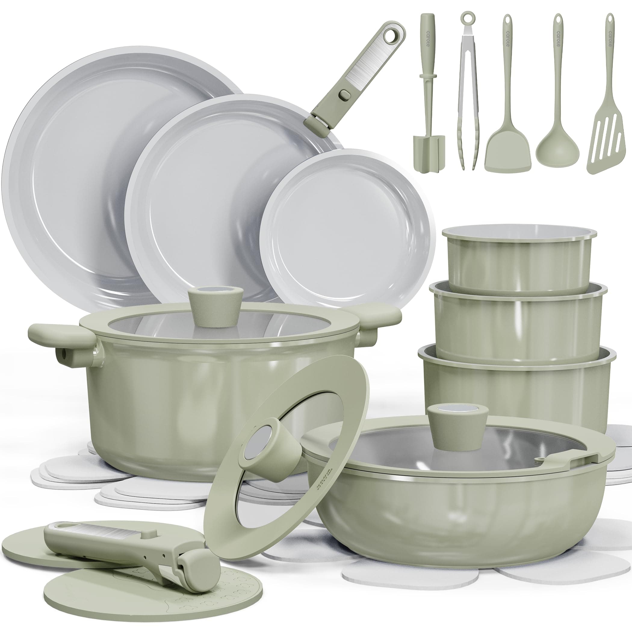 27pcs Ceramic Cookware Set Nonstick, Pots and Pans Set Non Stick, Non Toxic Cookware Detachable Handles, Dishwasher/Oven Safe, RV/Camping Cookware, Pan and Pot with Kitchen Utensils, Green