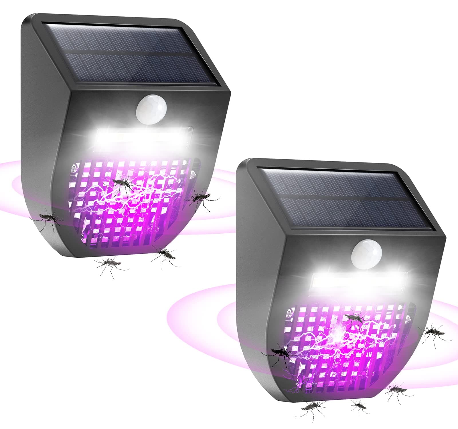 Bug Zapper Outdoor 2 Pack, RECHOO Upgraded 2-in-1 Solar Bug Zapper Mosquito Zapper Killer, Motion Sensor Outdoor Lights with 3 UV Lights, Waterproof Solar Powered Fly Zapper Killer Trap for Outdoor