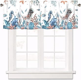 Nautical Starfish Seashell Curtain Valance for Windows Ocean Seahorse Coral Fish Window Treatments 1 Panel Short Curtains for Kitchen Windows Bathroom Bedroom,54 x 18 Inch