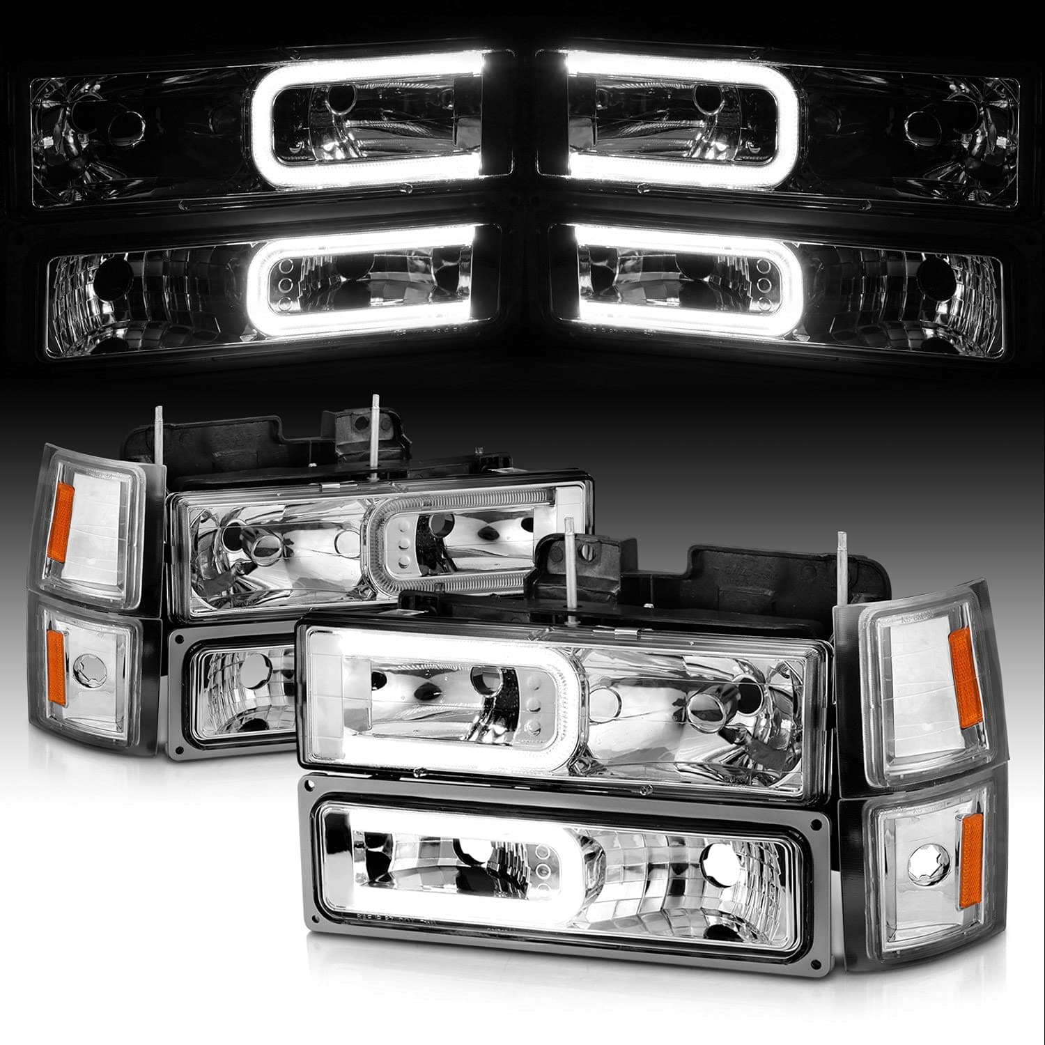 AmeriLite Led, Halogen, Stripe Clear Replacement Truck Headlights Parking Corner Sets For 94-98 Chevy Fullsize - Passenger and Driver Side, Vehicle Light Assembly, Chrome