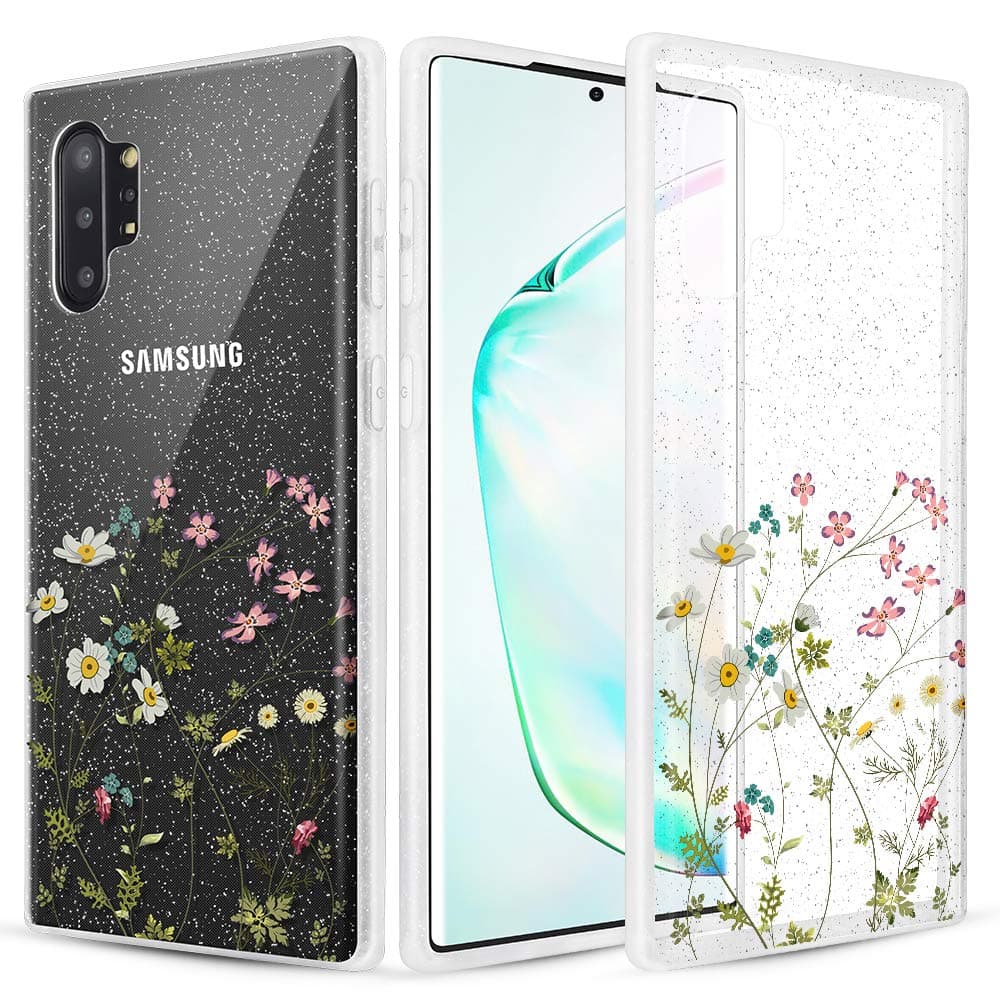Caka Flower Case for Galaxy Note 10+ Plus 5G Glitter Clear Case Wildflower Bling Shiny Women Girls Slim Flexible Transparent Flower Phone Case Samsung Galaxy Note 10+ Plus 5G (Pink Wild)