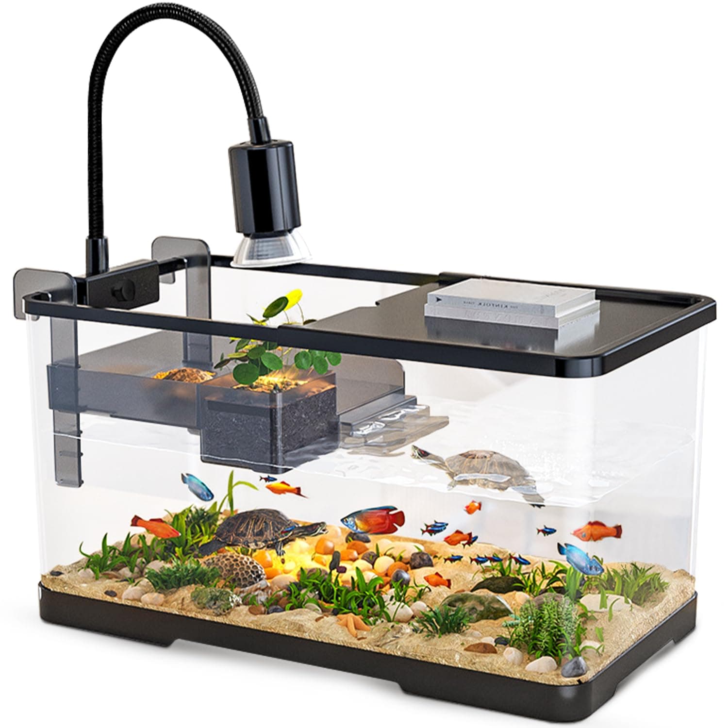 (Tank + Light + Filter + Filter Balls) Turtle Tank Kit, Turtle Tank Starter Kit,Bottom Drainage, Multi-Function Areas for Turtles, Crabs,Fishes, Amphibians,Reptiles. (15.75 x 8.64 x 8.64 Inch) New