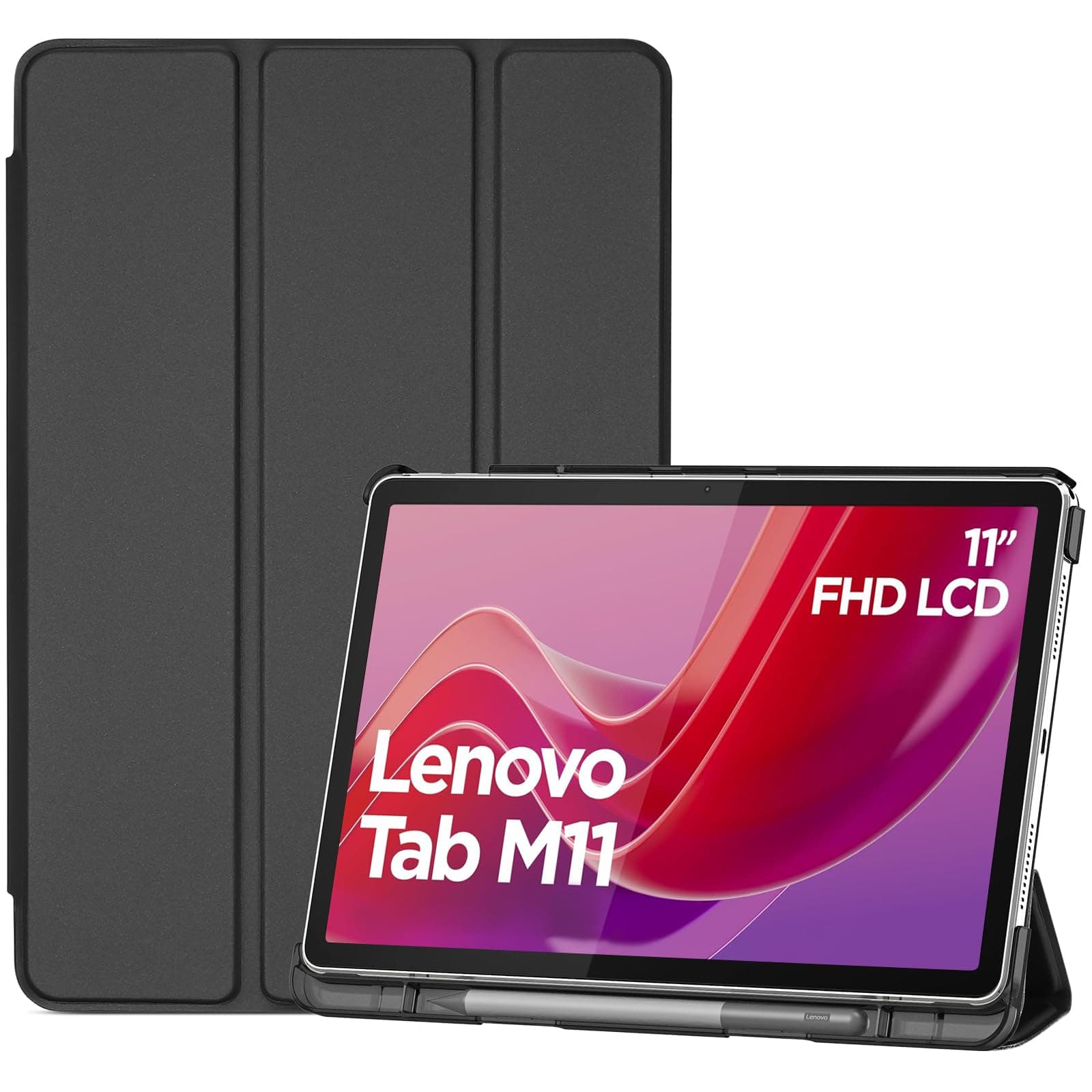 ProCase Smart Case for Lenovo Tab M11/Tab K11 LTE 11" 2024 TB330FU with Pen Holder, Slim Stand Tri-Fold Hard Shell Protective Tablet Cover Translucent Back Case Support Auto Wake/Sleep -Black