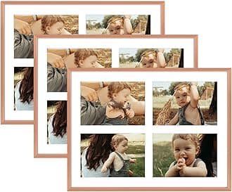 Golden State Art, 5x7 Aluminum Collage Frame, Displays 7x5 Pictures With 4 Openings Mat or One 12x16 Photo, Real Glass, Portrait/Landscape Wall Display, Rose Gold, 3 Pack