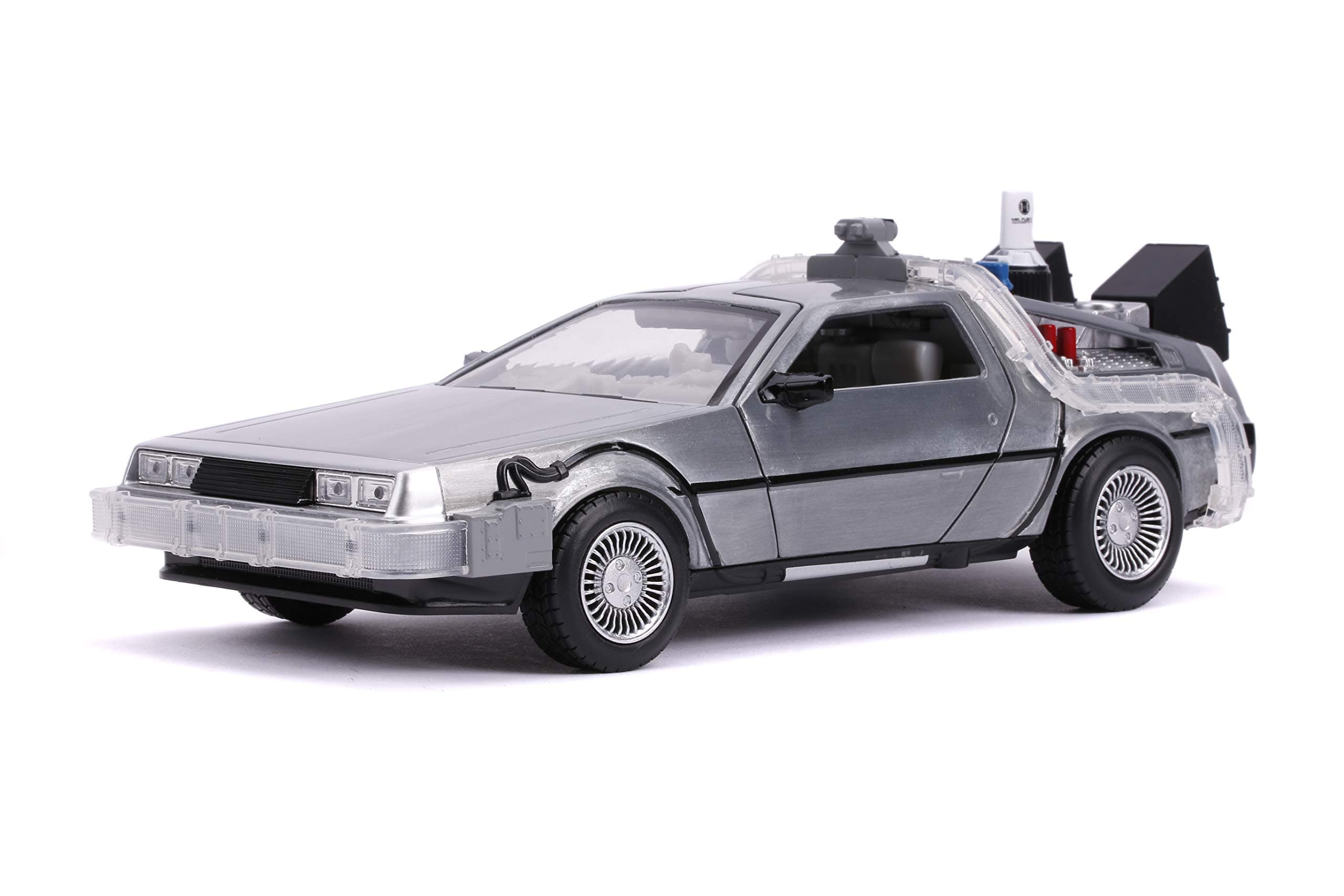 Jada DeLorean Brushed Metal Time Machine With Lights (Flying Version) Back To The Future Part Ii (1989) Movie 1/24 Diecast Model Car 31468, Grey