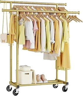 Double Rods Clothes Rack, Sturdy Rolling Clothing Rack, Portable Clothing Racks for Hanging Clothes - Metal Garment Rack Wardrobe Coat Rack for Bedroom Laundry Living Room, Gold