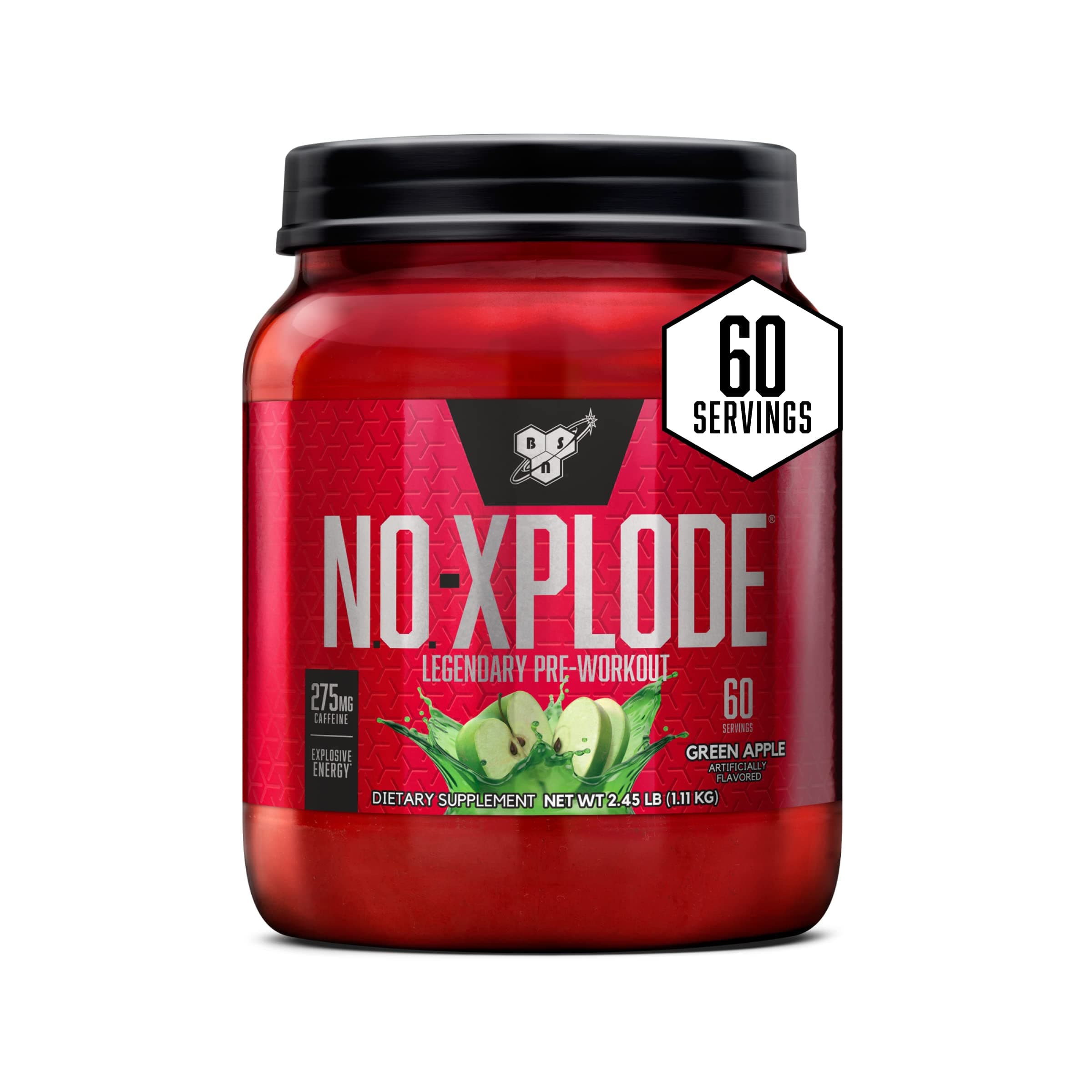 N.O.-XPLODE Pre Workout Powder, Energy Supplement for Men and Women with Creatine and Beta-Alanine, Green Apple, 60 Servings, 2.45 Pound (Packaging May Vary)