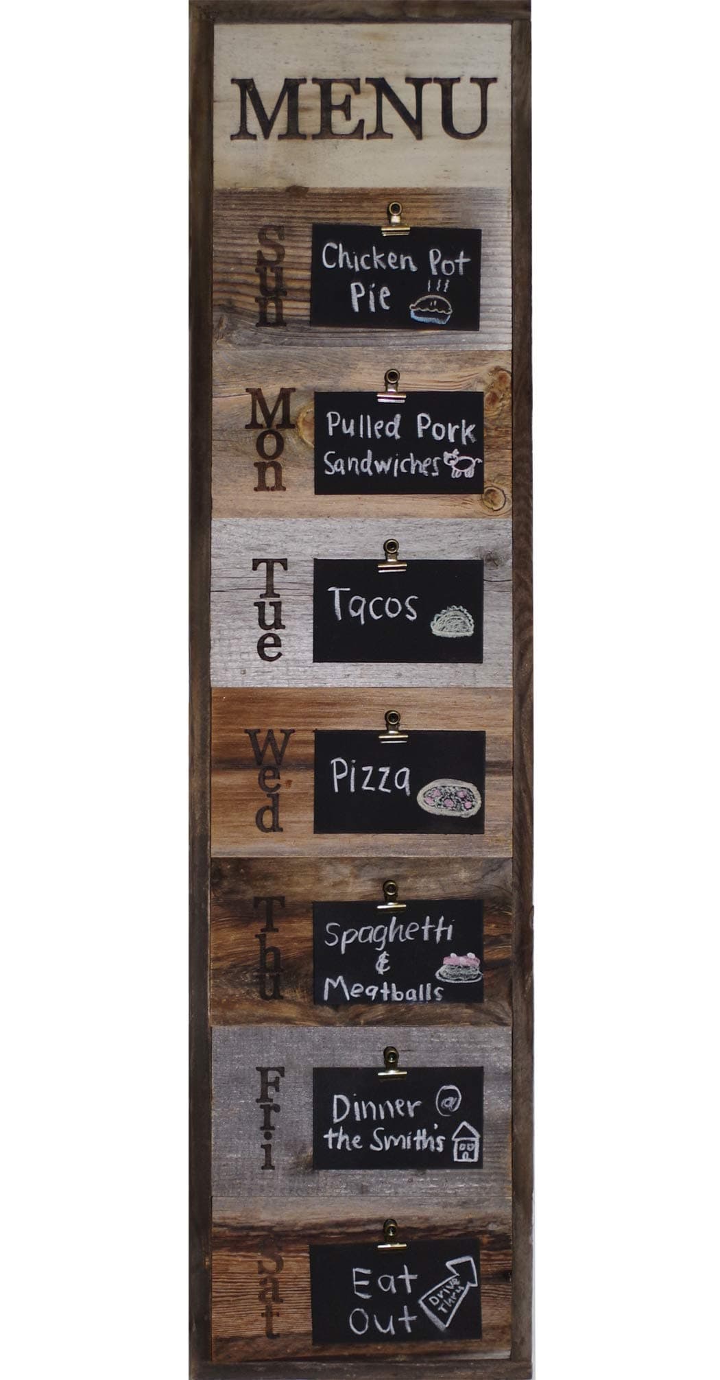 Weekly Menu Board, Vertical Reclaimed Wood Sign with Clips and Mini Chalkboard Slats, Vintage Farmhouse Kitchen Display, Rustic Decoration.