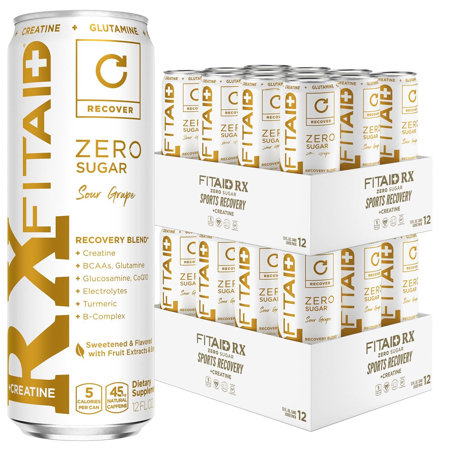 FITAID RX Zero, Creatine Monohydrate, 5 Calories, Keto-Friendly Post-Workout Recovery Drink, BCAAs, L-Glutamine, Turmeric, Electrolytes, B-Complex, 12 Fl Oz (Pack of 24)