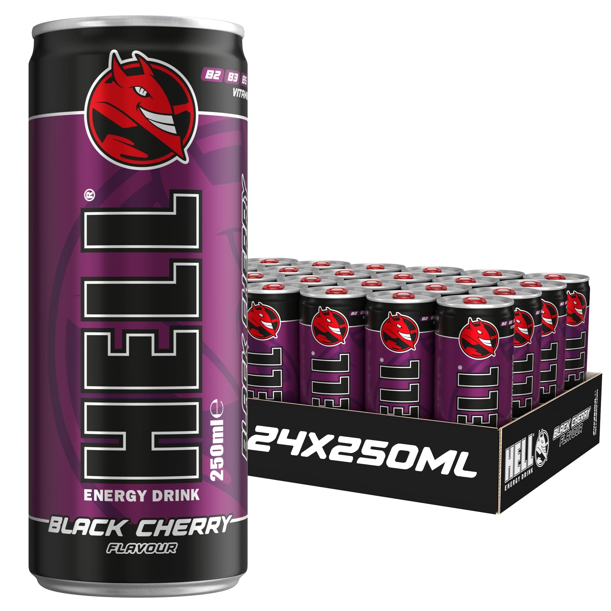 Energy Drink Black Cherry Flavour | 24 x 250ml Cans Multipack | 32mg/100ml Caffeine | Contains Vitamins B2 B3 B5 B6 B12 | Preservative Free | Vegan | Reduce Fatigue & Boost Energy