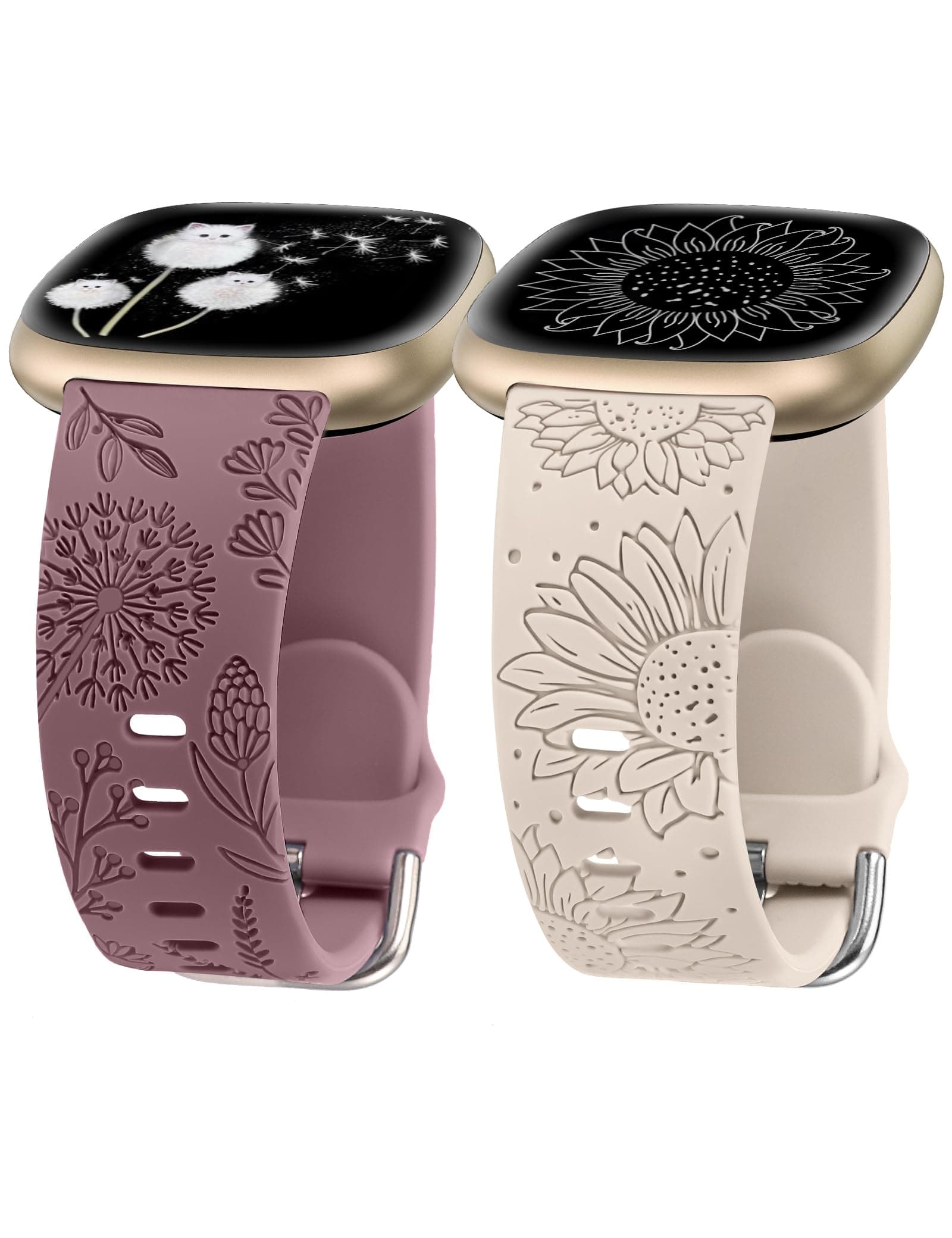 Minyee 2 Packs Floral Engraved Band Compatible with Fitbit Versa 4/Versa 3/Sense 2/Sense Band Women, Cute Silicone Dandelion Sunflower Design Soft Sport Fancy Summer Strap for Versa 4ClimatePartner certified